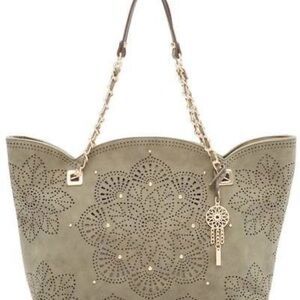 Jessica Simpson Taupe Floral Laser-Cut Tote with Chain-Strap Accent